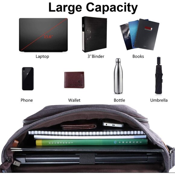 Men’s Grey Canvas Water Resistant Messenger Bag 15.6” Laptop Shoulder Bag - Picture 10 of 12